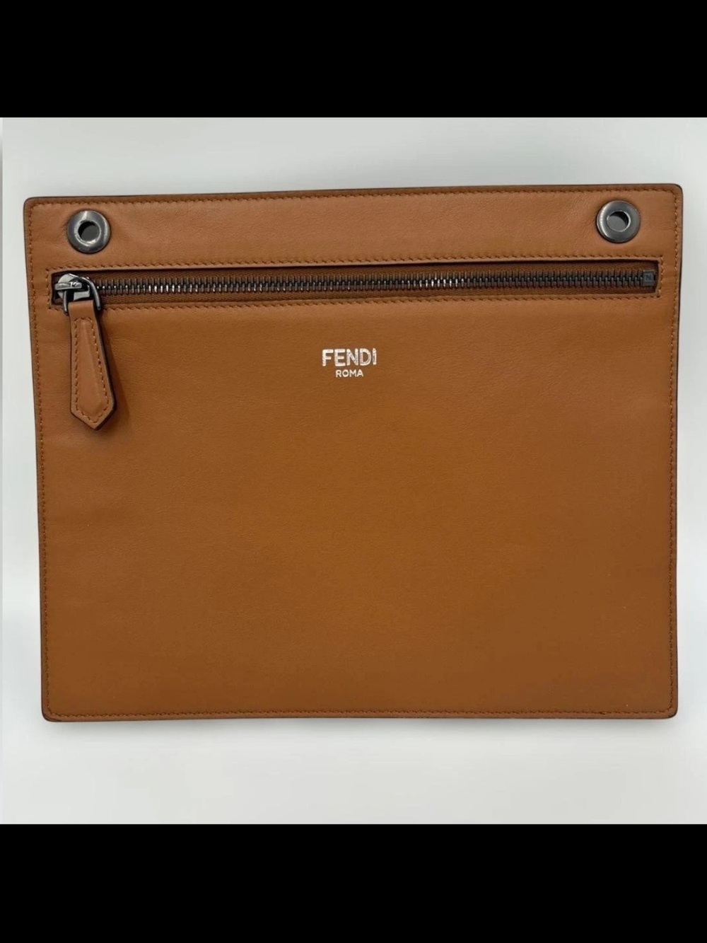 Fendi Tan Leather Zip Pouch with Silver Hardware